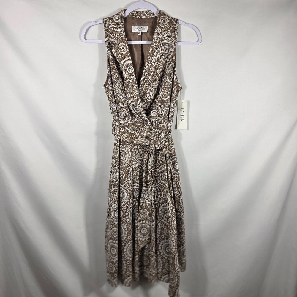 Kasper Sleeveless Dress Women's Size 6 Beige & White Floral Faux Wrap V-Neck NEW
